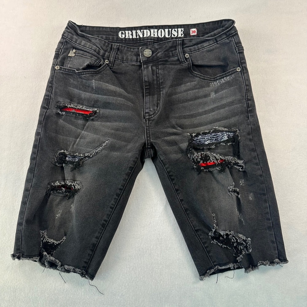 Grindhouse Denim Men Distressed Jean Short Black Rip & Repair Streetwear Size 30